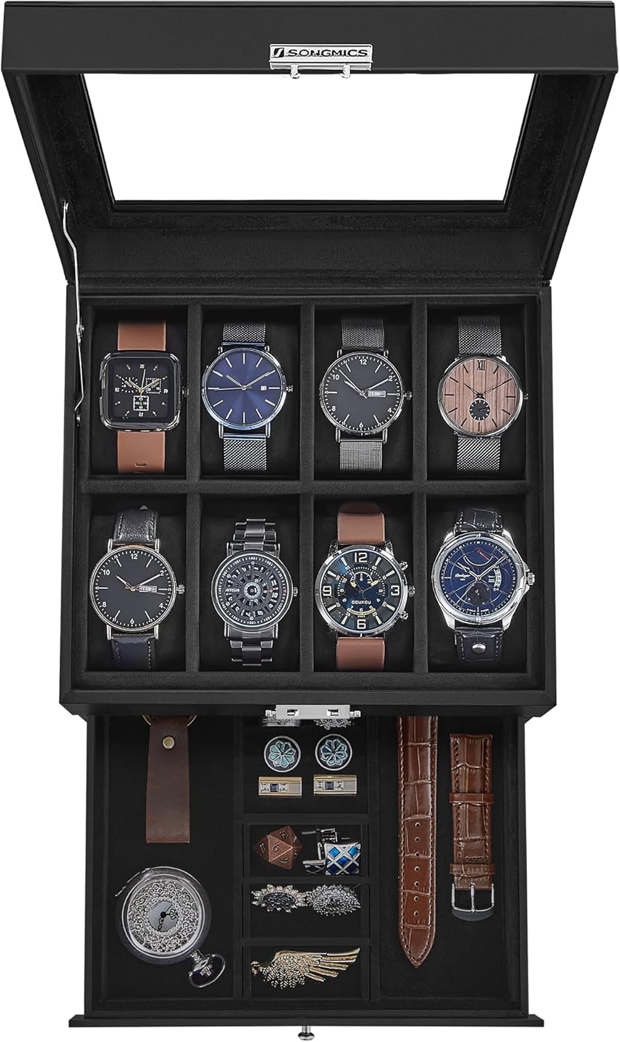 SONGMICS Watch Box, 8-Slot Watch Case Organizer with Large Glass Lid, 2 Layers, Removable Pillows, Metal Lock, Gift for Loved Ones, Black Synthetic Leather, Christmas Gift, Black Lining UJWB080B01